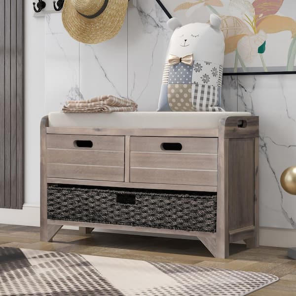 MOJAY White Washed Storage Bench With Basket and Drawers 32 in. L .