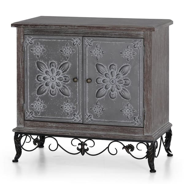 PHI VILLA Galvanized Sheet Embossed Distressed Gray Cabinet with 2 .