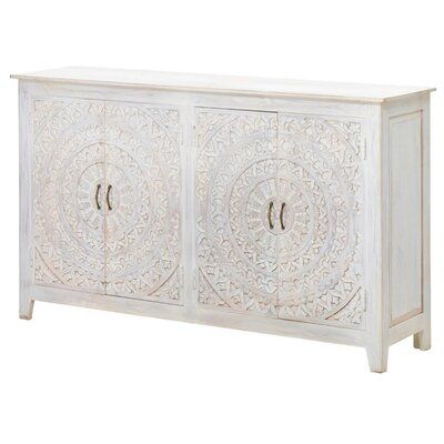 Bungalow Rose 68 Inch White Wash Hand Carved Mandala Lace 4 Door .