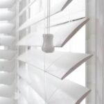 White venetian blinds - back windows of the house | Curtains with .