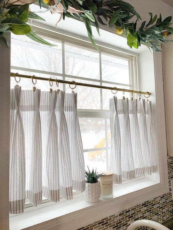 Pleated Ticking Striped Cafe Curtain Tier Curtains Kitchen - Etsy .