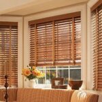 Wood Blinds in Golden Chestnut Finish with Swash Butterscotch .