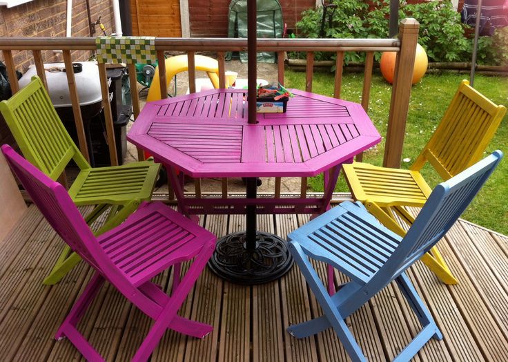 Bright painted garden furniture, adds a bit of colour to the .